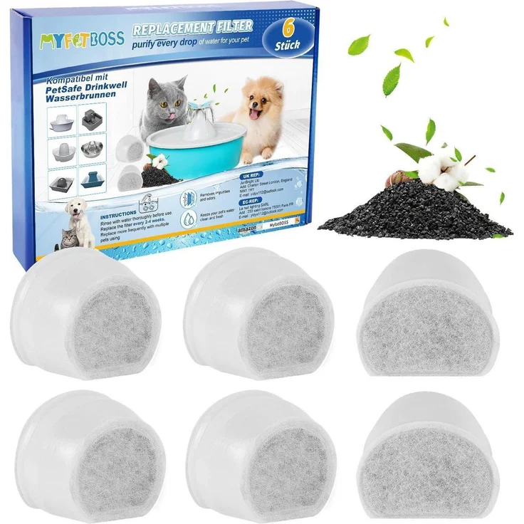 MyfatBOSS Ersatz-Kohlefilter für Trinkbrunnen, 6 Stück Aktivkohlefilter für PetSafe Drinkwell mit Doppelfiltration