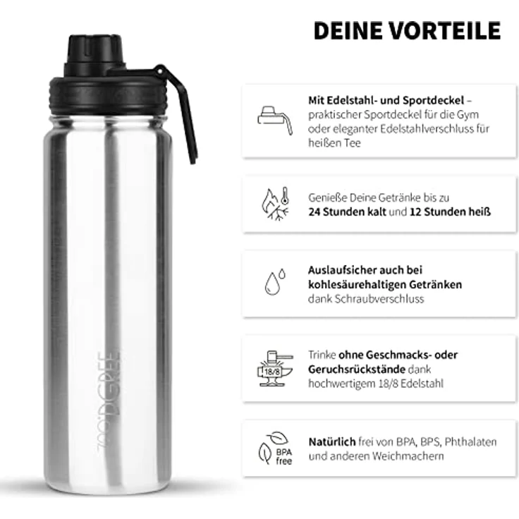 Trinkflasche Doppelwandig Edelstahl 950ml Isolierflasche m. Gratis Sportdeckel 720 DGREE noLimit solid stainless – Bild 2