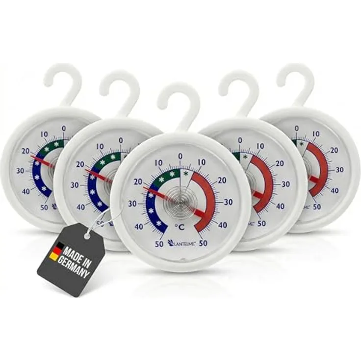 Lantelme Kühlschrankthermometer Set, 5 Stück Analog mit Haken, Temperaturmessbereich -50°C bis +50°C, für Gefrierschrank und Weinschrank