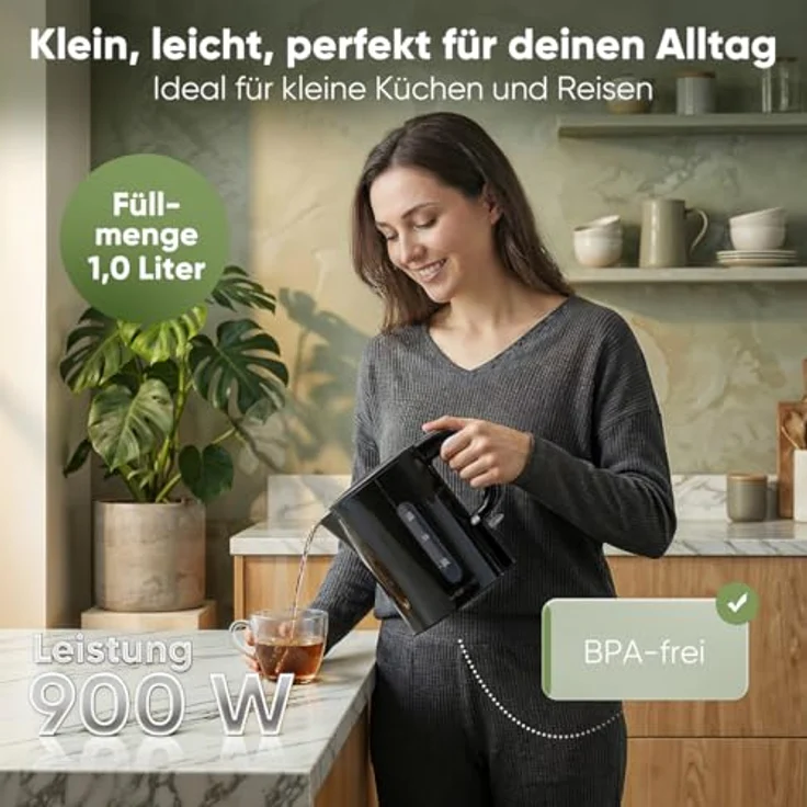 Clatronic WK 3834 Wasserkocher 1L, 900W, BPA-frei, Einhandbedienung, Wasserstandsanzeige, Überhitzungsschutz, schwarz – Bild 3