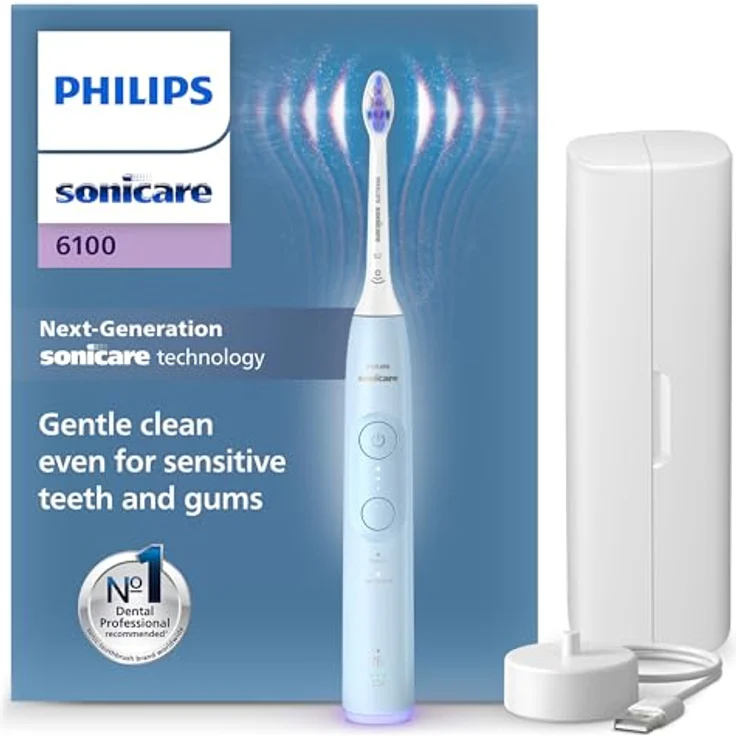 Philips Sonicare 6100 elektrische Zahnbürste, Schallzahnbürste mit 2 Putzmodi und 3 Intensitätsstufen, Andruckkontrolle, EasyStart, SmarTimer und BrushPacer, Hellblau – Bild 1