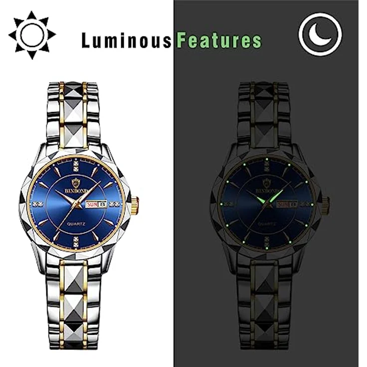 JewelryWe Damenuhr Edelstahl, Blau Analog Quarz Armbanduhr mit Datum, Woche Kalender und leuchtenden Zeigern, 30m wasserdicht – Bild 4