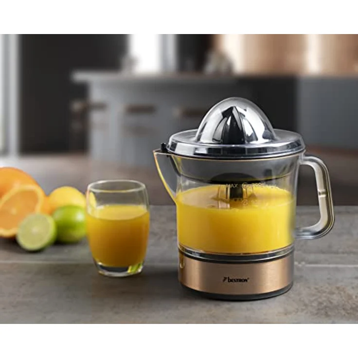 Bestron elektrische Zitrus- & Orangenpresse, inkl. 2 Presskegel und Aromadeckel, Motor mit zwei Drehrichtungen (links/rechts), Füllmenge: 0.7 Liter, 40 Watt, Farbe: Kupfer – Bild 4