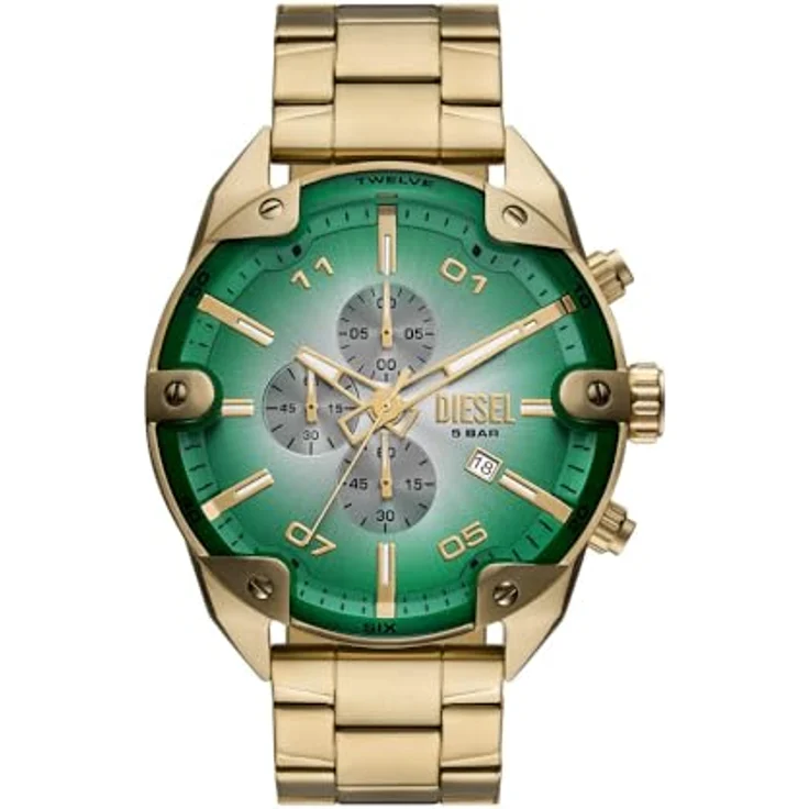Diesel Herren Analog Quarz Uhr DZ4685, 49-mm Edelstahlgehäuse mit schwarzem Zifferblatt und goldfarbenem Edelstahlband, wasserdicht bis 50 m – Bild 1