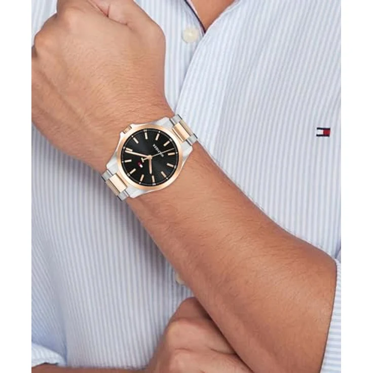 Tommy Hilfiger 1792191, Herren Uhr mit 3-Zeiger-Quarzwerk, 43mm Edelstahlgehäuse in zweifarbiger Ausführung, schwarzes Zifferblatt, zweifarbiges Edelstahlarmband, 3 ATM wasserdicht – Bild 4