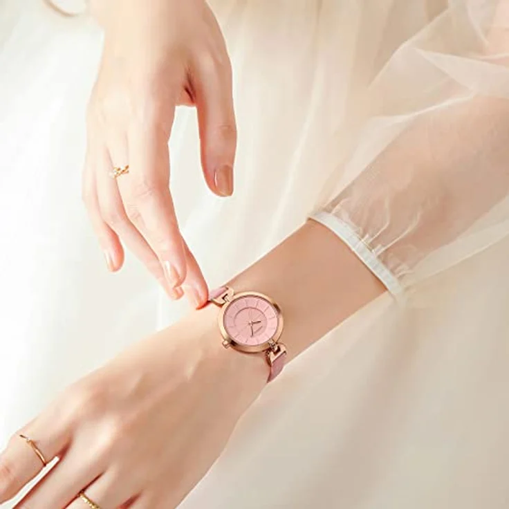 JewelryWe Damenuhr Elegant Analog Quarz, schmale Echtleder Armbanduhr, 30m wasserdicht, rosa, mit dreidimensionalem Zifferblatt für Frauen und Mädchen – Bild 5