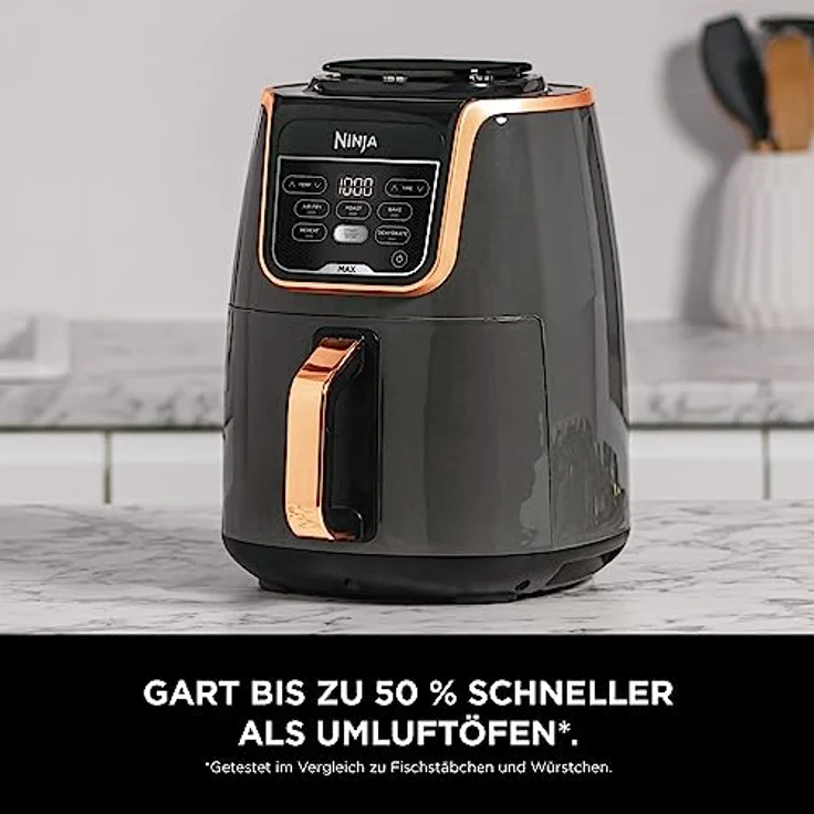 Ninja Air MAX Heißluftfritteuse, Airfryer, 5,2L, Familiengröße, antihaftbeschichteter, spülmaschinenfester Korb, Silikonzange, 5-in-1, Amazon Exklusiv, Kupfer/Schwarz, AF150EUCP – Bild 3