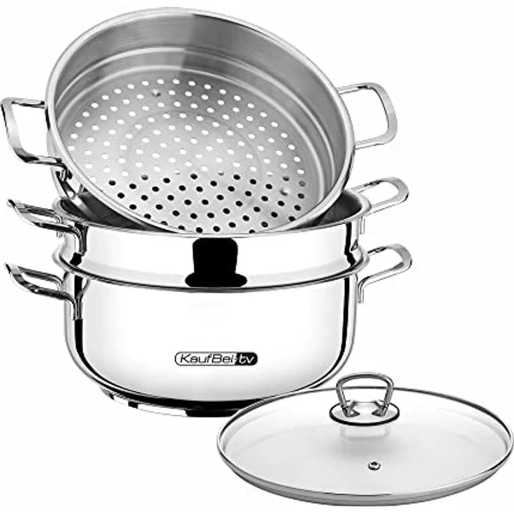 BEM Dampfkocher 6-tlg Set aus Edelstahl, Ø 26 cm, Russische Mantowarka mit Dampfeinsatz und Glasdeckel, auch für Induktionsherd - Preisvergleich – Bild 2