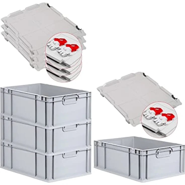 PROREGAL Eurobox NextGen Grip SuperSparSet 4x mit Scharnierdeckel, 44 L, grau, geschlossene Griffe, Transportbox HxBxT 22x40x60cm – Bild 1