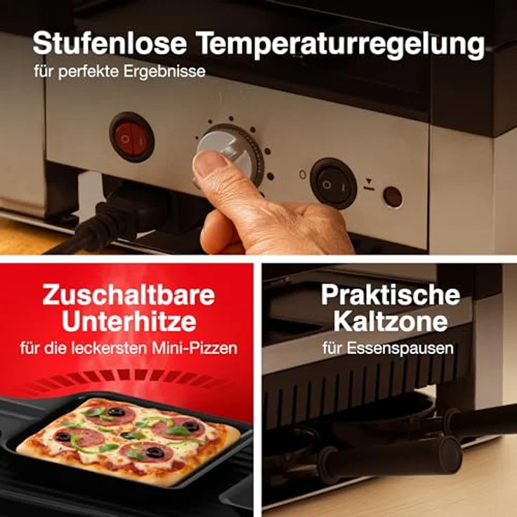 SOLIS OF SWITZERLAND Raclette & Pizza Grill for 4, Typ 7910, 1020 W, Wendbare Grillplatte, 4 Raclettepfännchen, Edelstahl, schwarz – Bild 5
