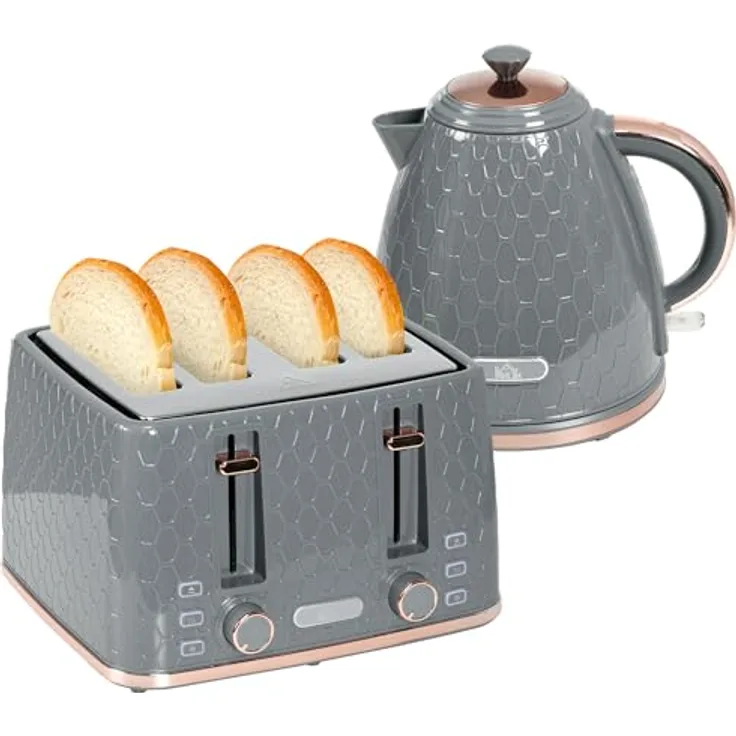 HOMCOM Toaster Kocher-Set, 4 Schlitze für 4 Scheiben, 2200 W, automatische Abschaltung, Auftau- & Aufwärmfunktion, Beige