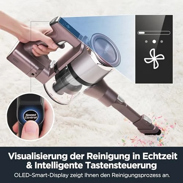EUREKA AK10 Pet Staubsauger Kabellos, 450W Leistungsstarke Akku Staubsauger Tierhaare mit 60 Min Laufzeit & Touchscreen, Stabstaubsauger Ideal für Tierhaare, Hartböden und Teppich – Bild 5