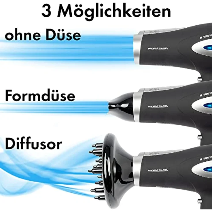 ProfiCare® Haartrockner mit Ionisierungsfunktion 2200W | extra leichter Reiseföhn 3 Leistungsstufen und 2 Gebläsestufen | Haarföhn inkl. Cool-Shot | Föhn mit Diffusor & Formdüse | PC HTD 3113 schwarz – Bild 2