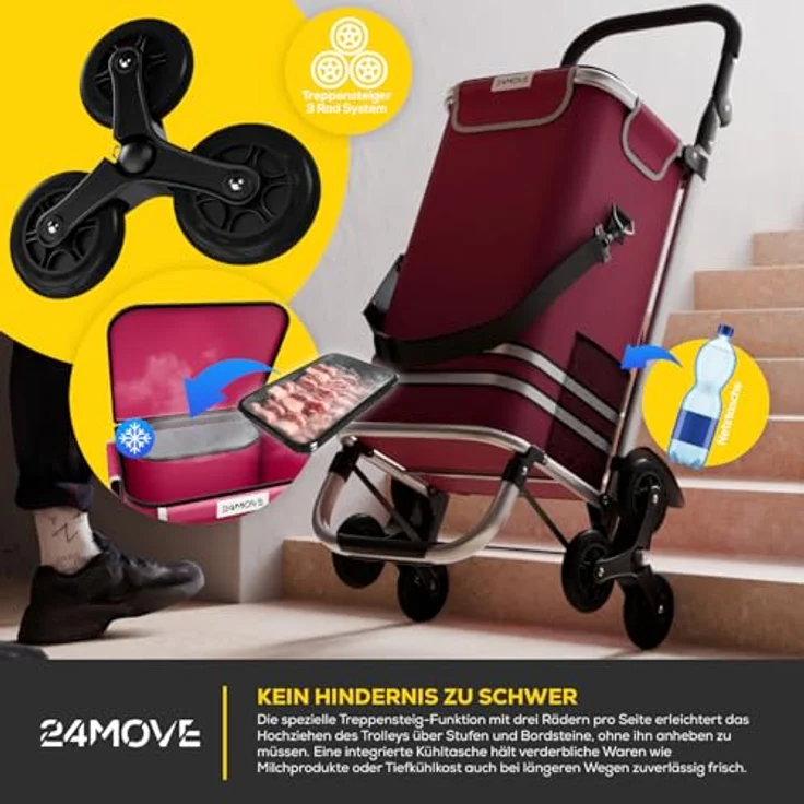 24MOVE® Einkaufstrolley Alegre, klappbar mit 55L Kühlfach, faltbarer 3in1 Trolley - Sackkarre und Tasche, bis 30kg belastbar, rot – Bild 5