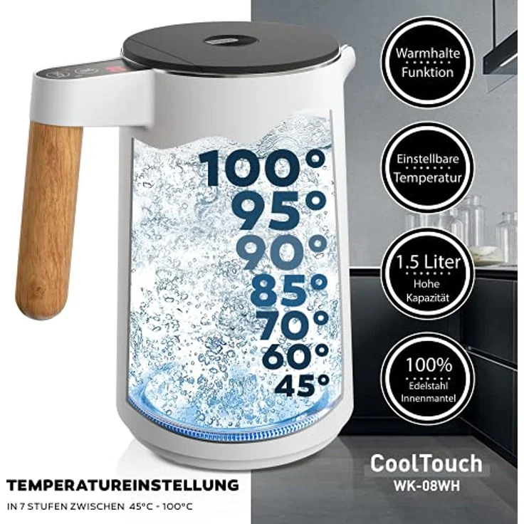 BALTER WK-08-WH Edelstahl-Wasserkocher, 2200W, 1,5L, doppelwandig, kabellos, Warmhaltefunktion, weiß – Bild 3