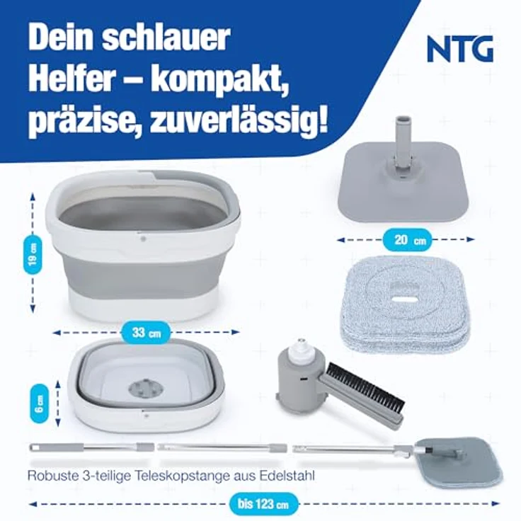 NTG Nutzfahrzeug Technik GmbH Wischmopp Set Roto-Mob mit Flex Eimer, 123 cm Teleskopstange & Mikrofaser-Pads, 2-Kammer-System für alle Bodenarten – Bild 7