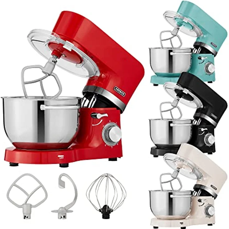 Arebos Küchenmaschine 1500W Rot | Knetmaschine mit 2x Edelstahl-Rührschüsseln 4,5 & 5,5L | Geräuscharm | Küchenmixer mit Rührhaken, Knethaken, Schlagbesen und Spritzschutz | 6 Geschwindigkeiten – Bild 1