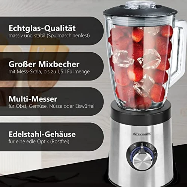 Steinborg SB-7010 Standmixer, 600W, 1,5L Glaskrug, 2 Geschwindigkeitsstufen, Puls-Funktion, 6-Fach Stahlmesser, silber – Bild 2
