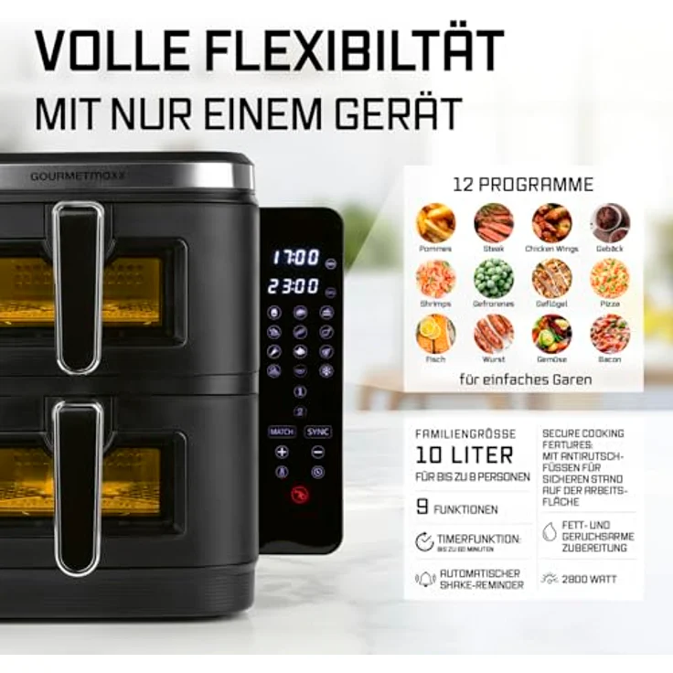 GOURMETmaxx FryUp Vertikale Doppelkammer Heißluftfritteuse XXL, 10 L, mit Sichtfenstern, Klapp-Touchdisplay und 12 Programmen für knusprige Zubereitung – Bild 2