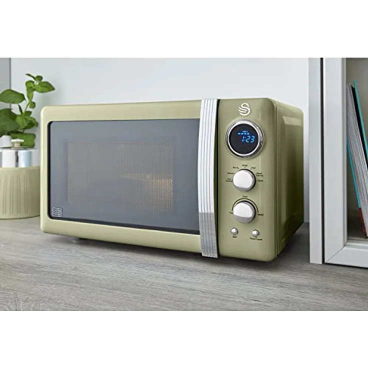 Swan Retro SM22030GNEU Digital Mikrowelle 20L, 5 Leistungsstufen, Auftaufunktion, 60 Minuten Timer, Tür mit Spiegeleffekt, 27cm Drehteller, Vintage Design, Grün, 800W – Bild 4