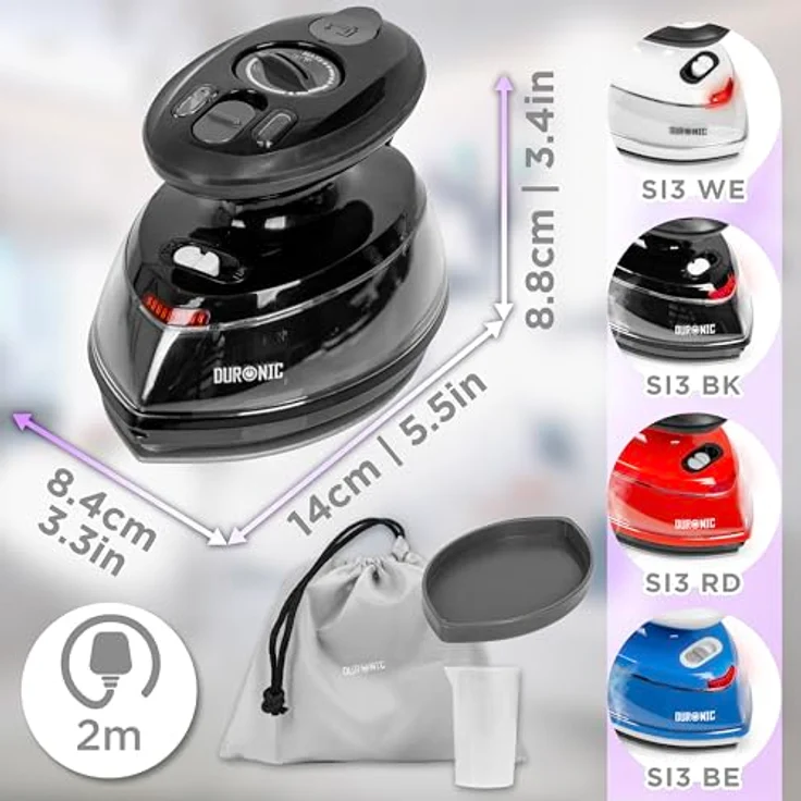Duronic SI3 BK Mini Reisebügeleisen, 400W Dampfbügeleisen mit 35ml Wassertank, Keramikfläche, 2 Betriebsspannungen, schwarz – Bild 3