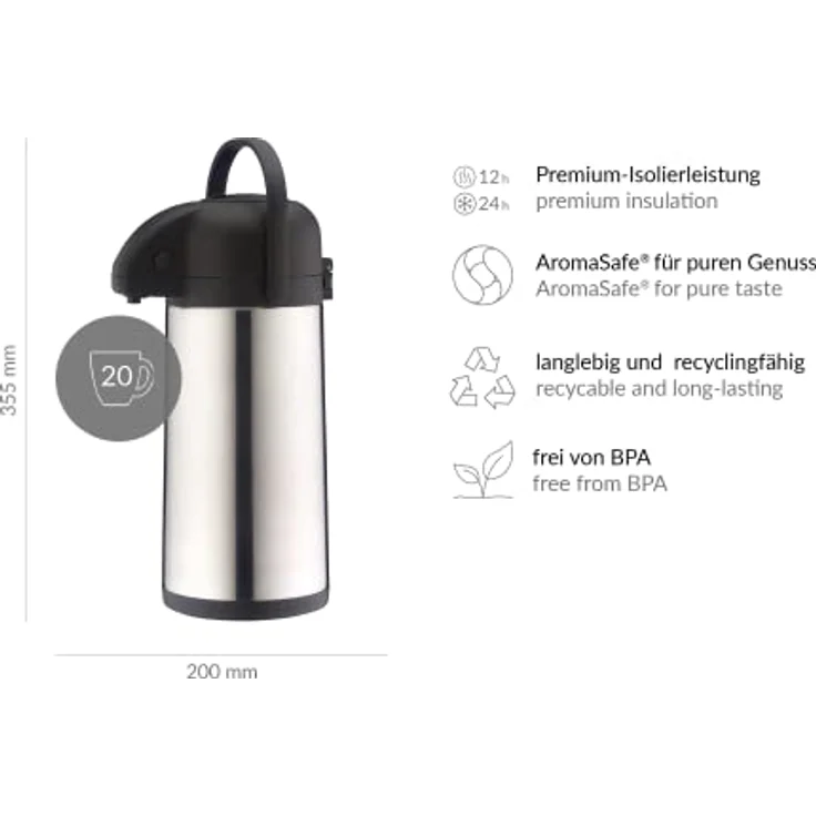 alfi 0837.205.250 Getränkespender, Pumpkanne TopTherm, Edelstahl mattiert 2,5 Liter, 12 Stunden heiß, 24 Stunden kalt – Bild 7