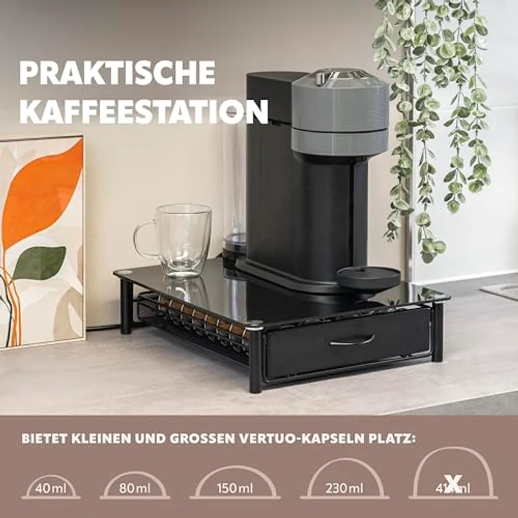 eluno Kapselhalter für 40x Nespresso Vertuo, Schubladenbox mit Glasplatte und Metallstandfuß, praktische Kaffeekapselbox in schwarz, ca. 33,5 x 9 x 41 cm (B/H/T) – Bild 5
