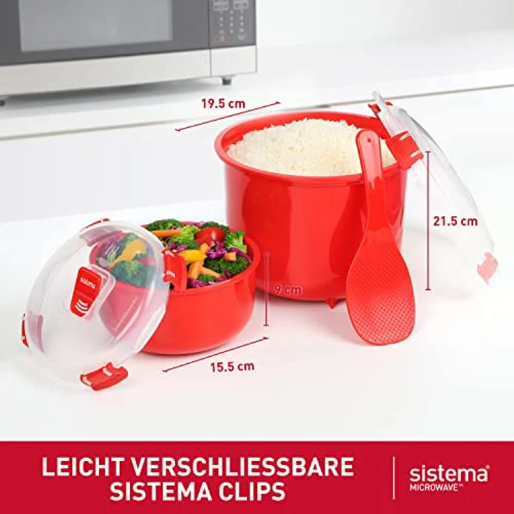 Sistema Microwave-Reiskocher, 2,6 l, runde Mikrowellen-Frischhaltedose (915 ml), BPA-frei, rot – Bild 2