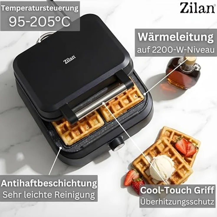 Zilan Waffeleisen Belgische Waffel doppelt, XXL Platten 1500 Watt, Temperaturregelung 95°C-205°C, Antihaftbeschichtung, Matt Schwarz, Cool-Touch-Technologie, Überlaufkanal – Bild 4