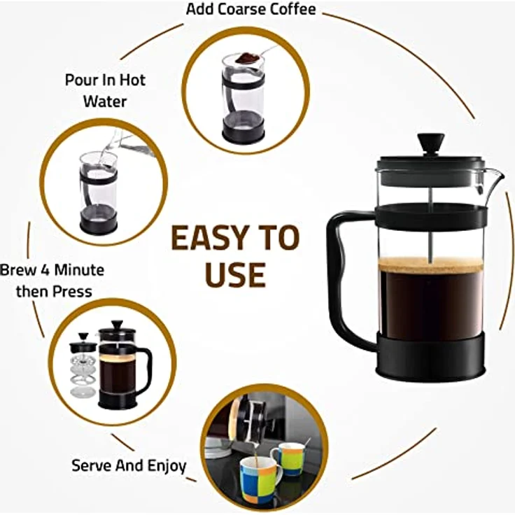 KICHLY French Press Kaffeemaschine, tragbare Cafetière mit Dreifachfilter, hitzebeständiges Glas und Edelstahlgehäuse, 350ml / 12Oz - Schwarz – Bild 3