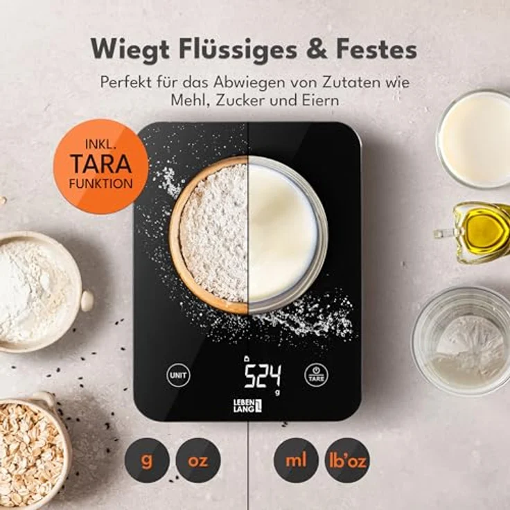 LEBENLANG Digitale Küchenwaage, Wasserdicht, USB Aufladbar, Bis 10 Kg, LCD Display, Präzise Messung, Schwarz – Bild 3