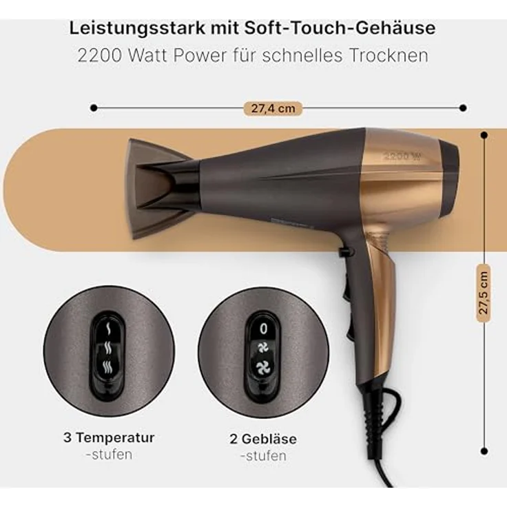 ProfiCare PC-HT 3010 Kompakter Haartrockner, 3 Temperatur--Leistungsstufen, Ionisierungsfunktion, 2 Gebläsestufen, Cool Shot, Braun-Bronze – Bild 3
