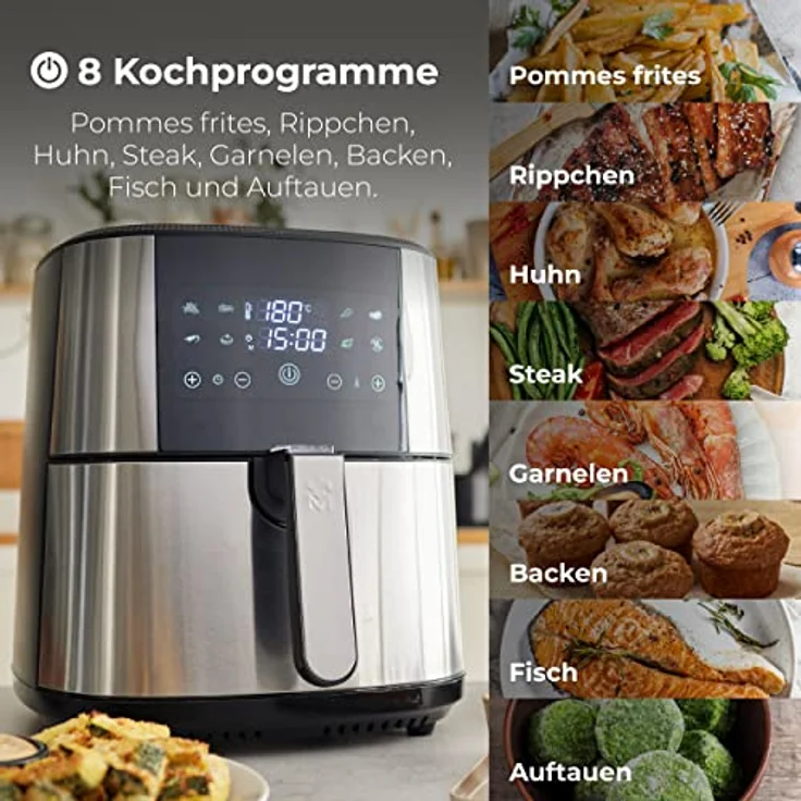 MasterPro Foodies - Fritteuse Ohne Öl, AirFryer XXL, 6L Fassungsvermögen und 1800W Leistung, 90% weniger Fett, Touchscreen-LED-Display und Antihaft-Korb, 8 Kochprograme, Grau – Bild 4