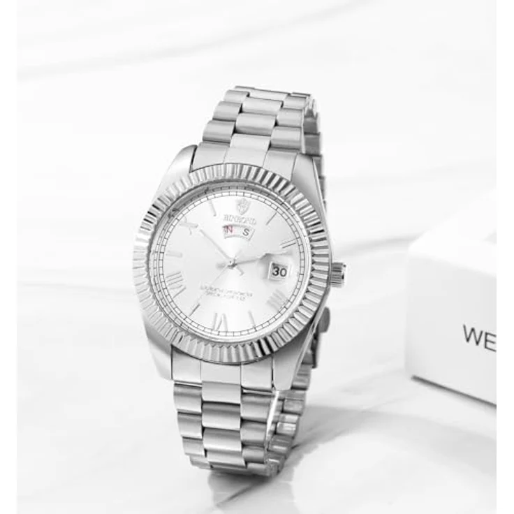 JewelryWe Herrenuhr Edelstahl mit Leuchtzeigern, 30m wasserdicht, analoges Quarzwerk, Woche & Datum, silbernes Edelstahlarmband mit römischen Ziffern – Bild 2