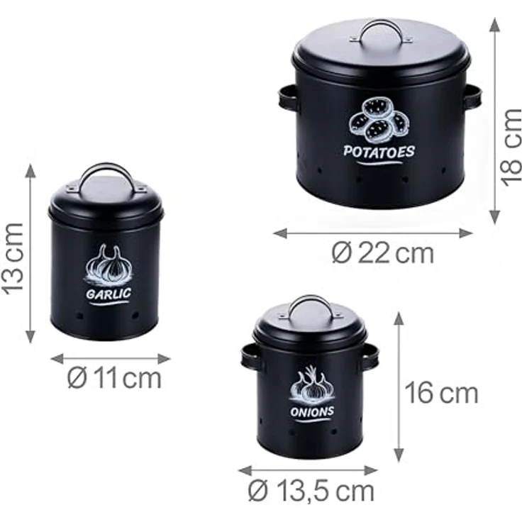 relaxdays Vorratsdose Kartoffel Aufbewahrungsbox 3er Set, Stahl, schwarz – optimale Lagerung für Kartoffeln, Zwiebeln und Knoblauch mit Belüftungslöchern und dekorativem Design – Bild 4
