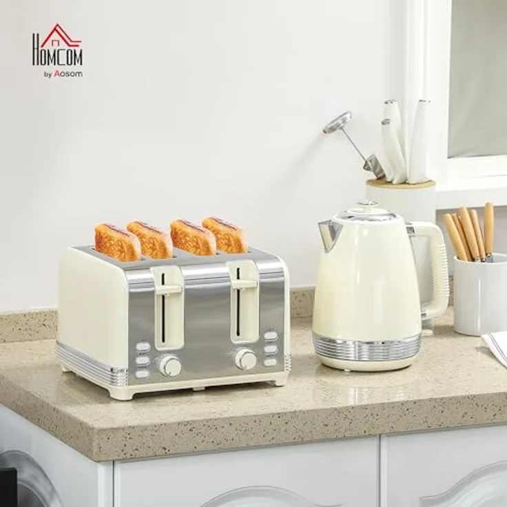 HOMCOM Kocher-Toaster-Set 1.7 L, 2200 W, 4-Scheiben-Toaster mit 7 Bräunungsstufen, Strix Thermostat, Cremeweiß – Bild 2