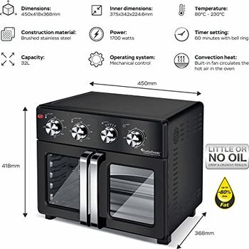 TurboTronic Heißluftofen 32 Liter - 4in1 Mini Backofen Mit Drehspieß & Airfryer