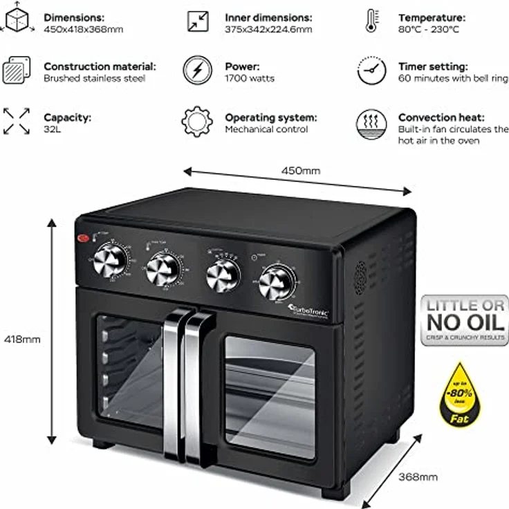 TurboTronic digitaler Heißluftofen - XXL 32 Liter mit Drehspieß für Hähnchen 4in1 Mini Backofen & Power Heißluftfritteuse Airfryer ab 80°C – Bild 2