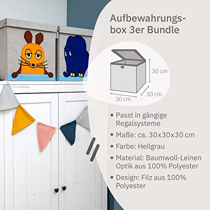 LIFENEY meets Die Maus 3x Aufbewahrungsbox mit Deckel für Kinder – Boxen mit der bekannten Maus und dem beliebten Elefanten im 3er Set – 30 x 30 x 30 cm passend für klassische Würfelregale – Bild 3