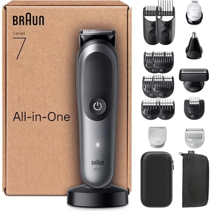 Braun All-in-One Series 7 Groomingset 18-in-1, ProBlade-Klinge, AutoSense-Technologie, Herren Elektrisch, 120 Min Akku, AIO7585, Grau