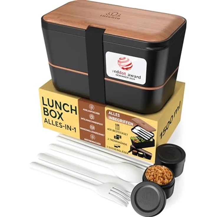 UMAMI Bento Lunchbox für Erwachsene, auslaufsichere Brotdose mit Besteck und 2 Saucenbehältern, ideal für Meal Prep und Snacks, doppelte Fächergestaltung – Bild 1