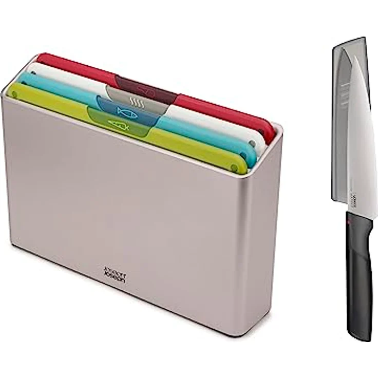 Joseph Joseph Folio Icon 4-teiliges Schneidebrett-Set mit Aufbewahrungskoffer und KOSTENLOSEM japanischem Elevate-Messer aus Edelstahl, Silber – Bild 1