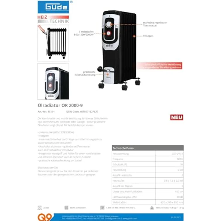 Güde Ölradiator Elektroheizung OR 2000-9 DT - 85192, Radiator – Bild 5