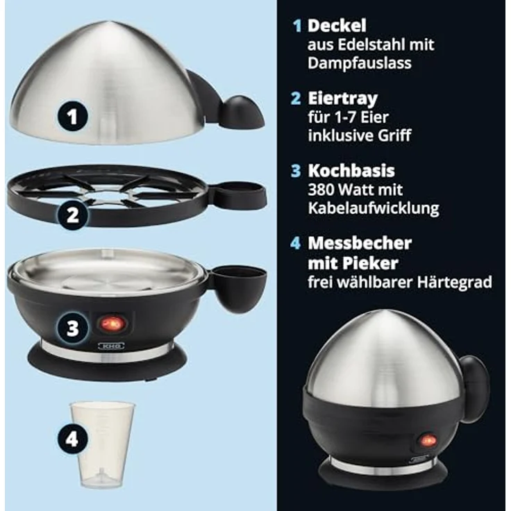 KHG Eierkocher Edelstahl, für bis zu 7 Eier, inkl. Messbecher mit Nadel, 380 W, Edelstahlheizplatte – Bild 6