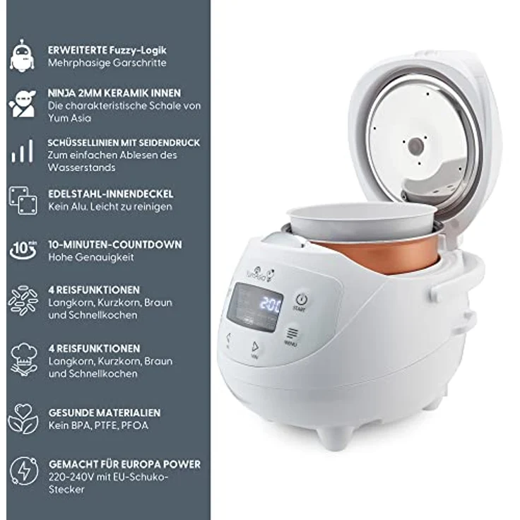 Yum Asia Panda Mini-Reiskocher mit Ninja-Keramikschüssel und Advanced Fuzzy Logic (3,5 Tassen, 0,63 Liter) 4 Reisfunktionen, 4 Multicooker-Funktion, 220–240V (Arctic White) – Bild 3