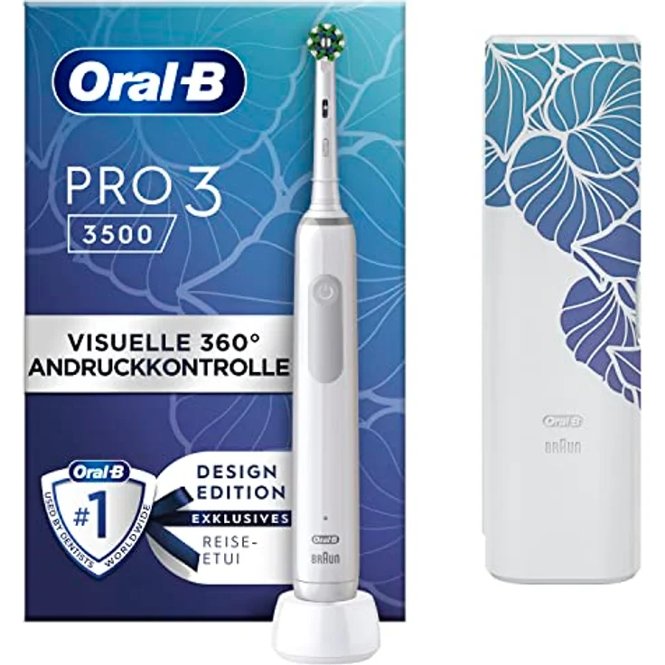 Oral-B PRO 3 3500 Elektrische Zahnbürste/Electric Toothbrush, mit 3 Putzmodi und visueller 360° Andruckkontrolle für Zahnpflege, Reiseetui floral, Geschenk Mann/Frau, Designed by Braun, weiß – Bild 1