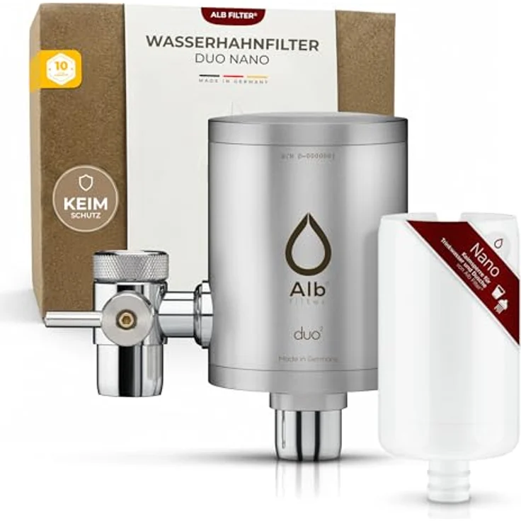 Alb Filter Duo Nano Wasserhahnfilter mit Keimsperre, Edelstahl mattiert, 99,999% Bakterienfiltration – Bild 1