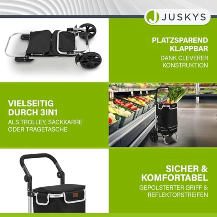 Juskys Einkaufstrolley 3in1 mit 2 Rollen für Shopping - 56 L Tasche abnehmbar - Trolley klappbar & modern - Sackkarre Einkaufsroller Schwarz – Bild 3