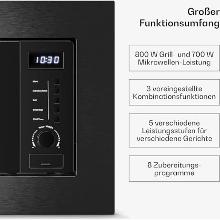 Klarstein Verosteel Einbau-Mikrowelle, 20 l, 700 W Mikrowelle, 800 W Grill, LED Touch, Schwarz – Bild 5