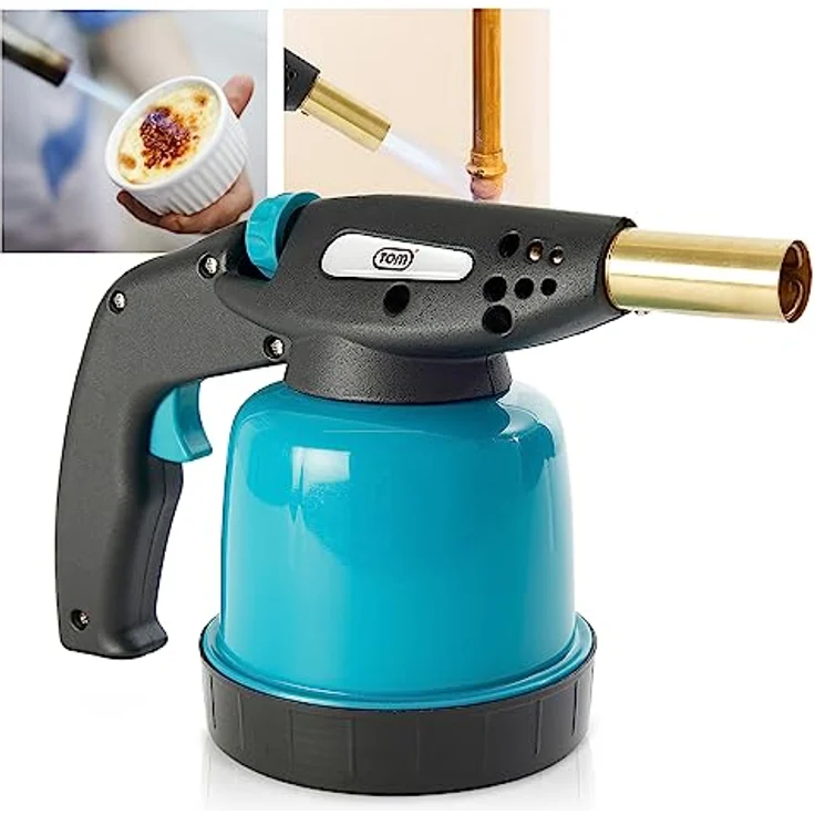 TOM GB-190 Lötbrenner, leistungsstarker Flambierbrenner mit 1300°C, Piezozündung, 1300W, inkl. optional 4x 190g Gaskartuschen – Bild 1